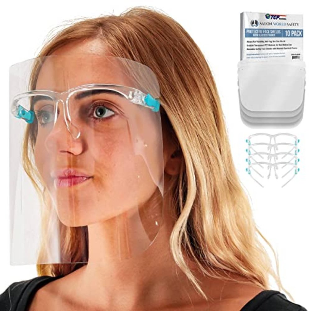 TCP Global Salon World Safety Face Shields with Glasses Frames (Pack of 10)